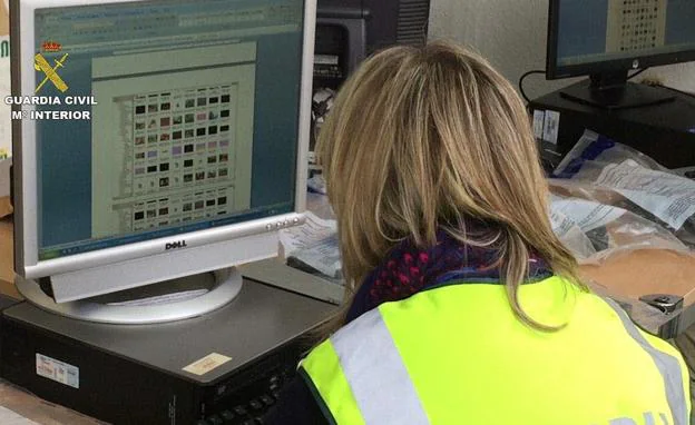 Una agente revisa un ordenador con material pedófilo.