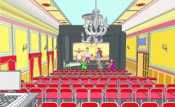 Esbozo de cómo será adaptado a teatro el Salón de Plenos del Ayuntamiento de Bergara para la representación de 'El borracho burlado'. 