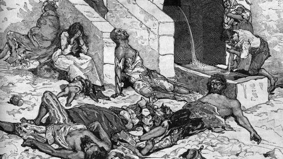 Ilustración de la época con calles llenas de muertos por la peste.