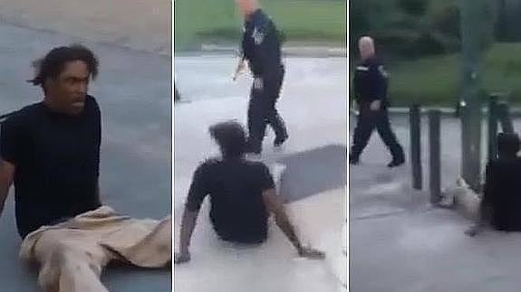 Un consumidor de la droga persigue a un policía arrastrándose por el suelo. 