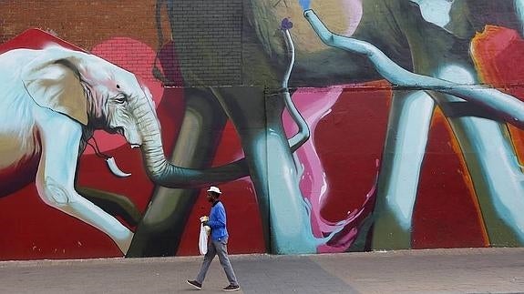 Obra del grafitero conocido como Falko, que dice querer "colonizar" Sudáfrica con elefantes.