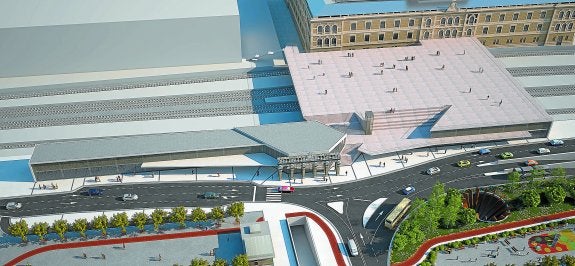 Fotomontaje de la nueva estación del TAV en San Sebastián, con la plaza sobre las vías y el edificio de Tabakalera a la vista.