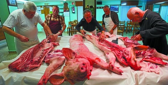 Socios del Extremeño durante las labores de despiece con las que comienzan la jornada. 