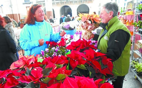 Dolores Mendizabal rodeada de flores de pascua.