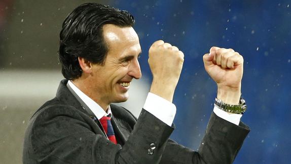 Unai Emery celebra una victoria de su actual equipo, el PSG