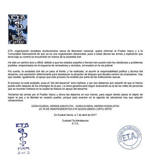 Comunicado de ETA difundido esta medianoche.