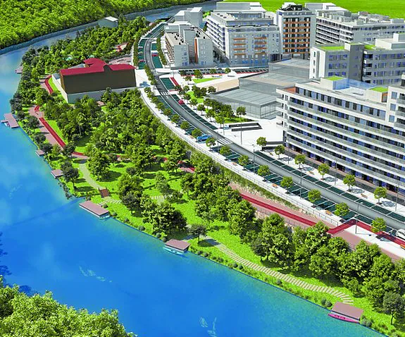 Imagen virtual del parque fluvial del Urumea y el nuevo barrio de Txomin Enea, con embarcaderos, árboles y zonas de descanso y esparcimiento para disfrutar del río y la naturaleza.