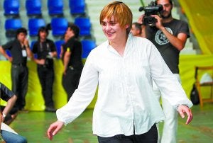 Ainhoa Etxaide, antes de intervenir en el acto nacional de LAB en el Anaitasuna. ::
EFE