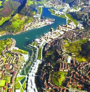 La 'nueva' bahía. Fotomontaje que representa los crecimientos urbanos en las zonas ocupadas hoy por muelles y pabellones industriales.
