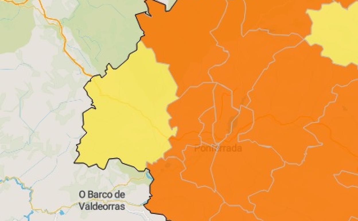 Villafranca, en amarillo, el resto del Bierzo y Laciana en alerta naranja.