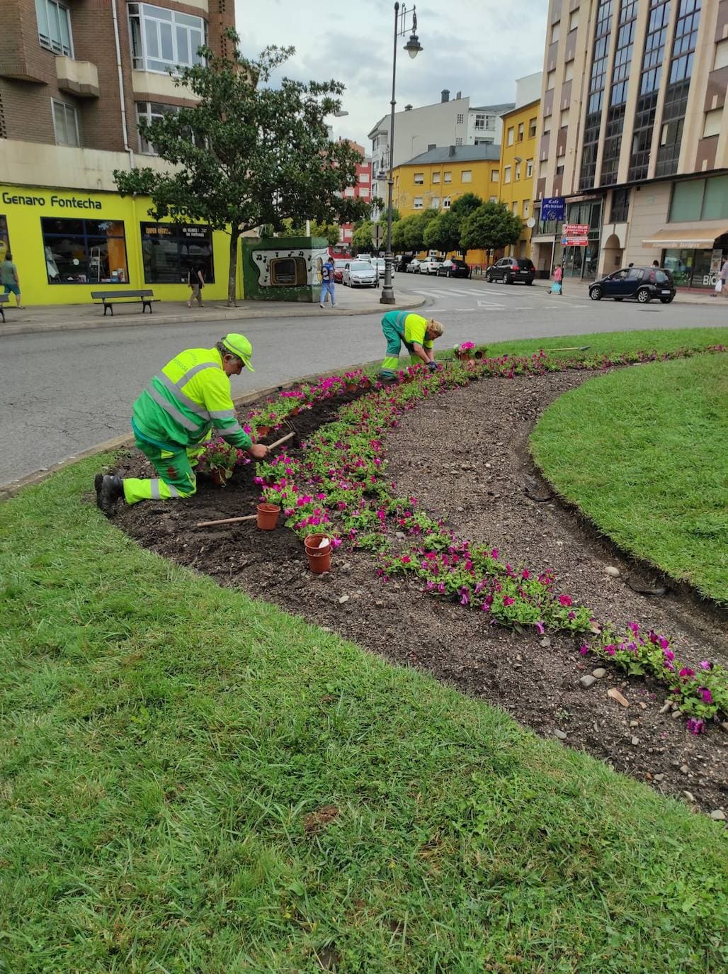 Trabajos de los operarios del servicio municipal de mantenimiento de Parques y Jardines en una de las rotondas de la ciudad.