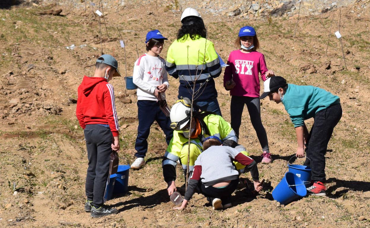 Imagen de la jornada de plantación en la cantera de Corullón.