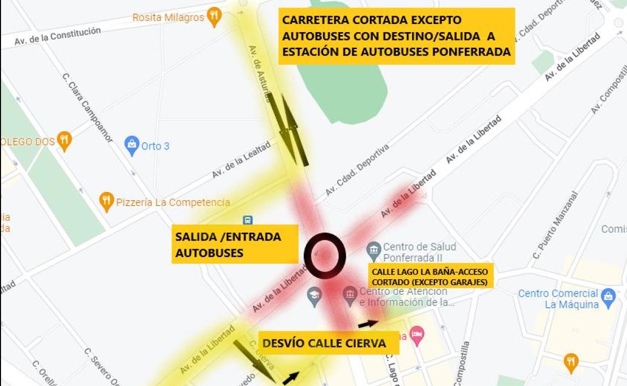 Imagen sobre el mapa de la ciudad de los cortes de calles y salidas alternativas por las obras de la glorieta del IESVE.
