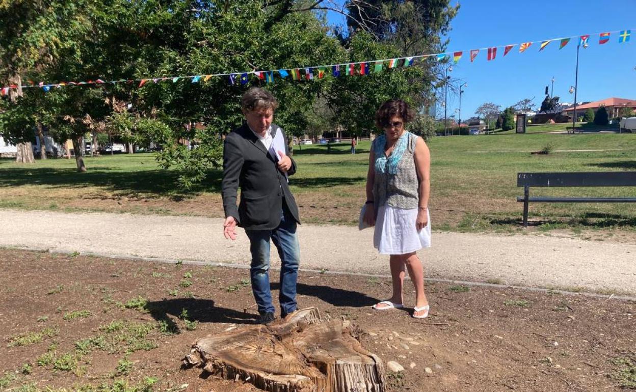 Los ediles de USE Bierzo, frente al tocón de uno de los árboles talados en el parque del Temple.