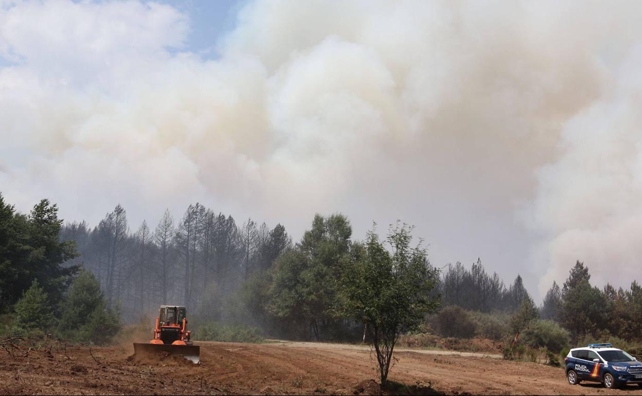 Maquinaria trabajando en el terreno en el incendio de Montes de Valdueza.