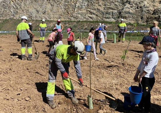 Los alumnos plantaron árboles frutales y pinos en la cantera de Cosmos.