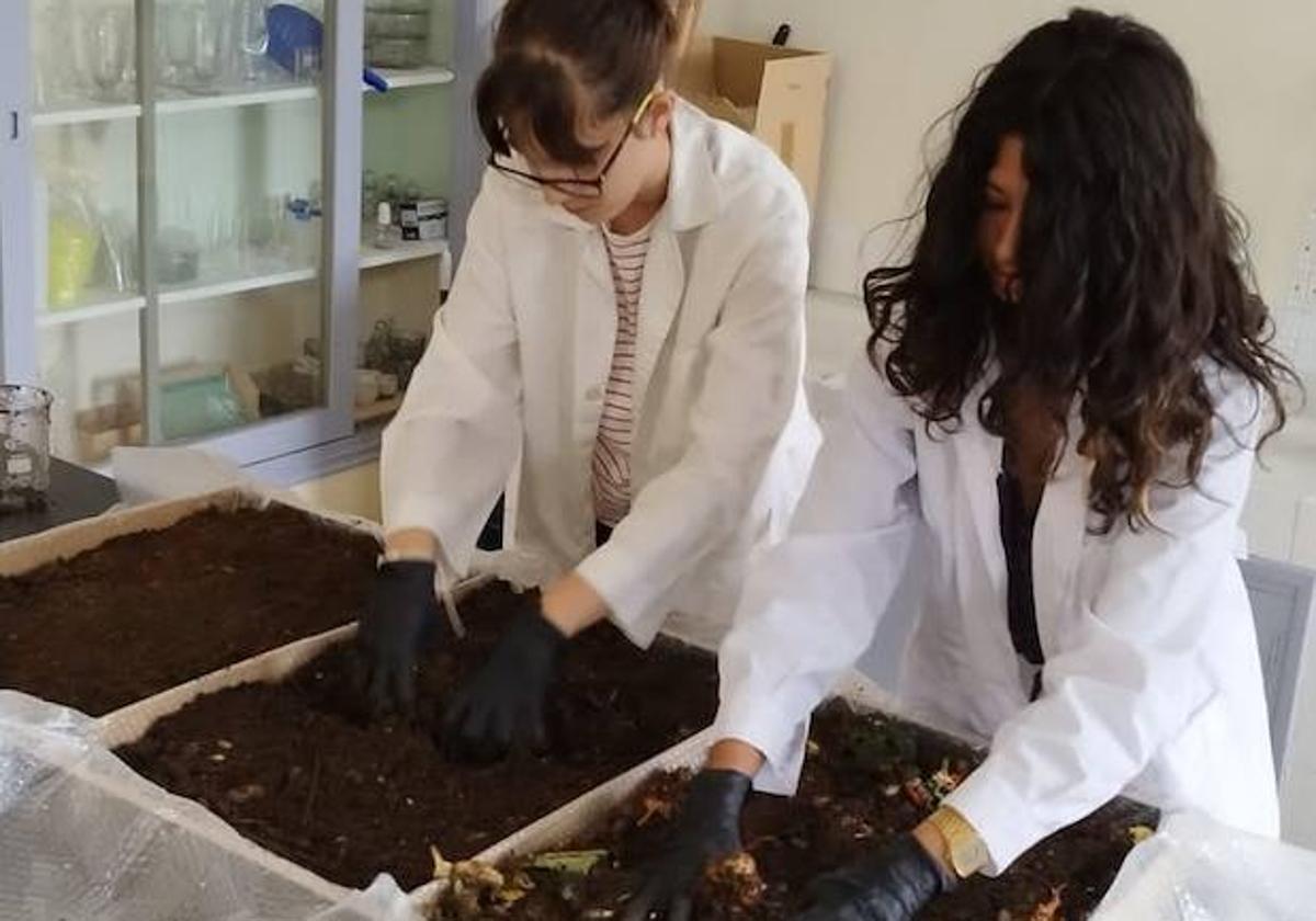 Las alumnas Marta Garay y Marta Ramos durante una fase de su proyecto sobre restauración de suelos quemados.