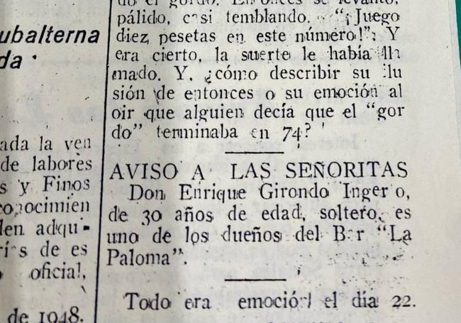 El «aviso a las señoritas» del periódico para informar que uno de los dueños de La Paloma estaba soltero.
