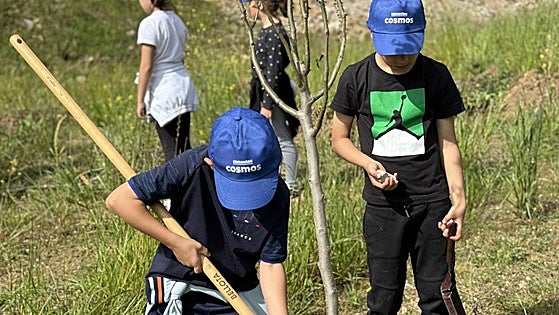 Escolares de Toral y Corullón plantan 200 árboles frutales en la cantera de Cosmos