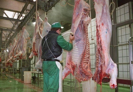 Un operario trabaja en las instalaciones de un matadero.