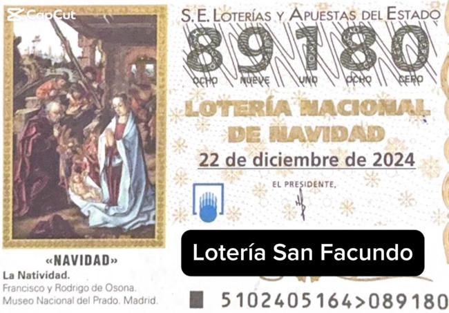 Imagen de un décimo de la lotería de Navidad de San Facundo.