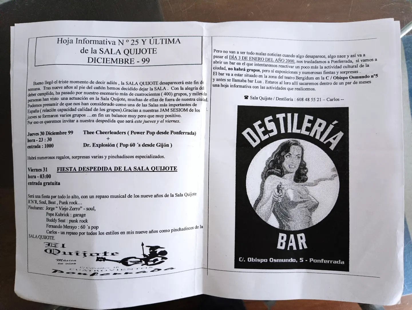 Imagen de la última hoja informativa de la programación y fiesta de despedida de El Quijote en diciembre de 1999.