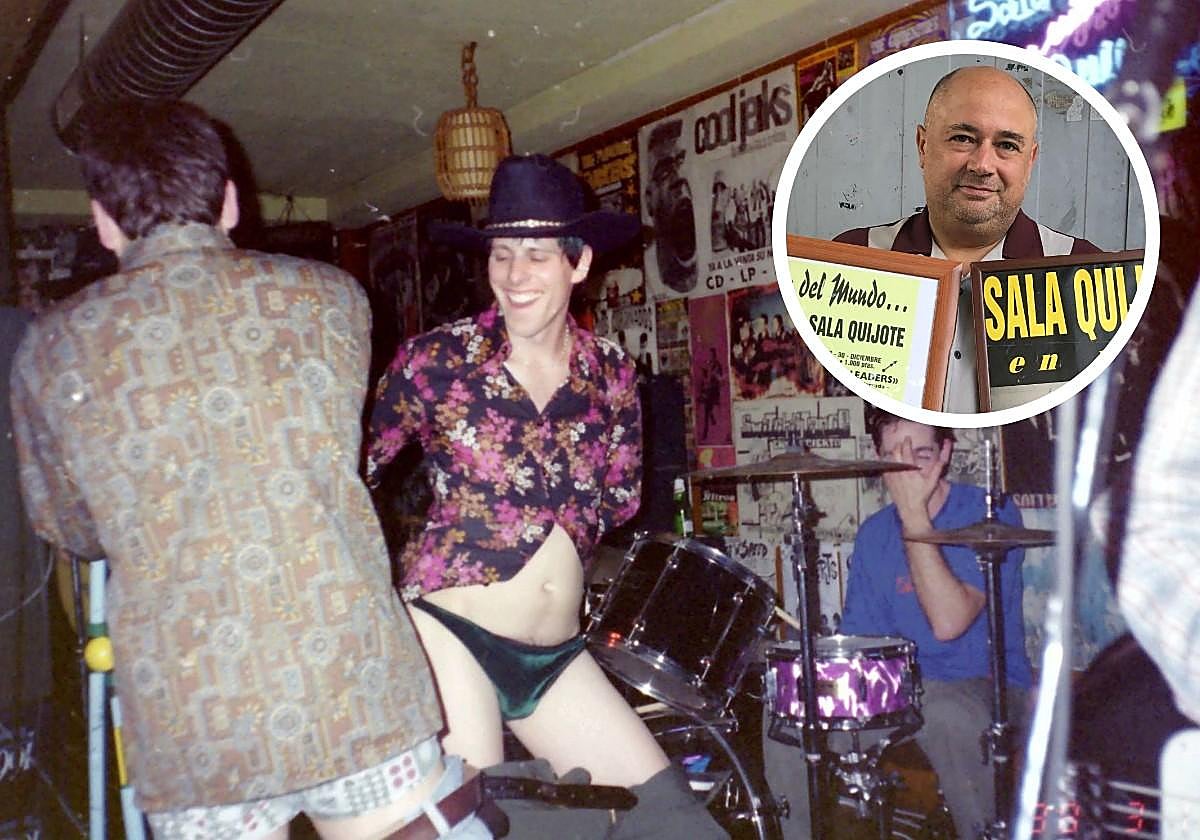 Uno de los conciertos en la Sala El Quijote de Cuatrovientos en los años 90 junto a una imagen de Carlos Rodríguez, pinchadicos y responsable de la programación musical.