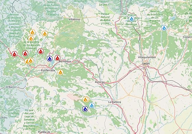 El terrible mapa de los incendios este 25 de junio en la provincia de León.