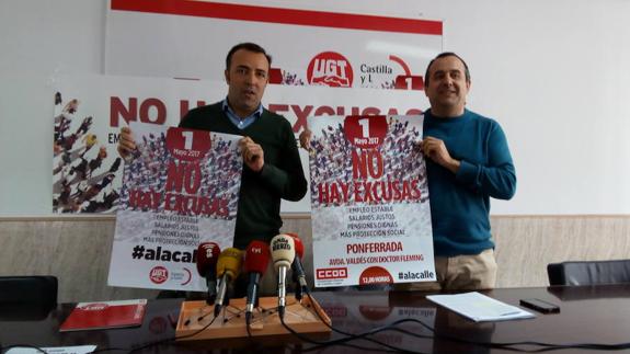 Los secretarios  comarcales de UGT y CCOO, Omar Rodríguez y Ursicino Sánchez, en su comparecencia.