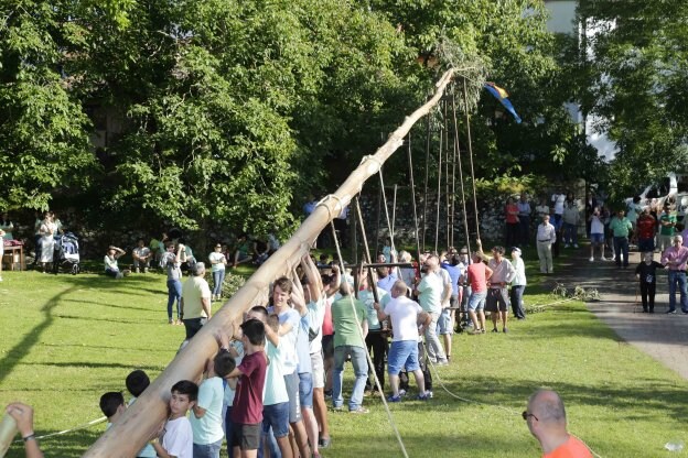 Varios vecinos colaboran para plantar la hoguera. :: NEL ACEBAL