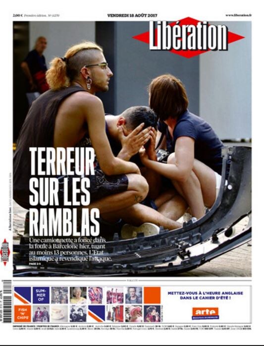 «Terror en Las Ramblas». El diario frances Liberation dedica toda su portada al atentado de Barcelona.