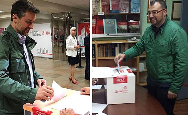 A la izquierda, José María Pérez votando en la Casa del Pueblo de Gijón. A la derecha, el otro candidato, Adrián Barbón, votó en la Casa del Pueblo de Laviana