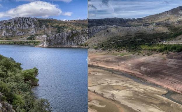 Pantano de Barrios de Luna en agosto del 2016 y en agosto del 2017. 