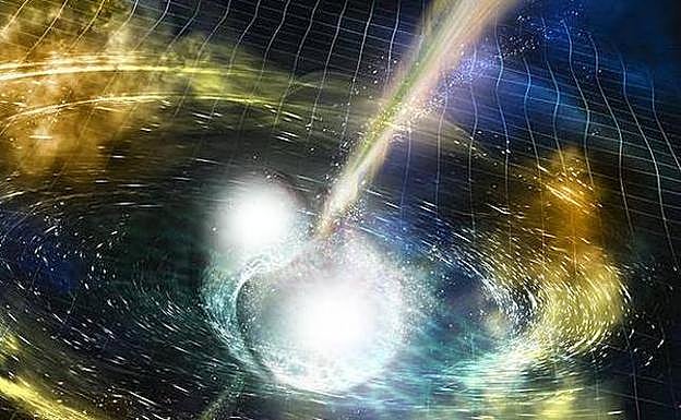 Recreación artística de dos estrellas de neutrones en el momento de su fusión. La cuadrícula muestra las perturbaciones en el espacio-tiempo y los haces de luz estrechos, los estallidos de rayos gamma. 