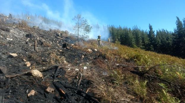 Los bomberos rematan los puntos calientes en Llamas del Mouro, en Cangas del Narcea. 