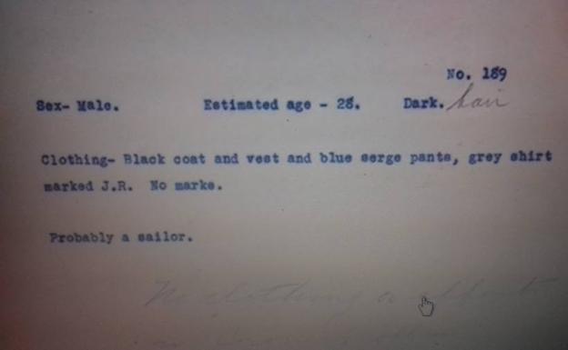Ficha Forense. «Sexo, varón. Edad estimada, 28. Pelo oscuro. Ropa: abrigo y chaleco negros y pantalón de sarga azul, camisa gris marcada J. R. Sin señales. Probablemente, un marinero».