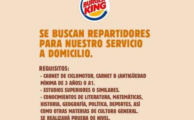 Twitter | Los sorprendentes requisitos de Burger King para contratar repartidores