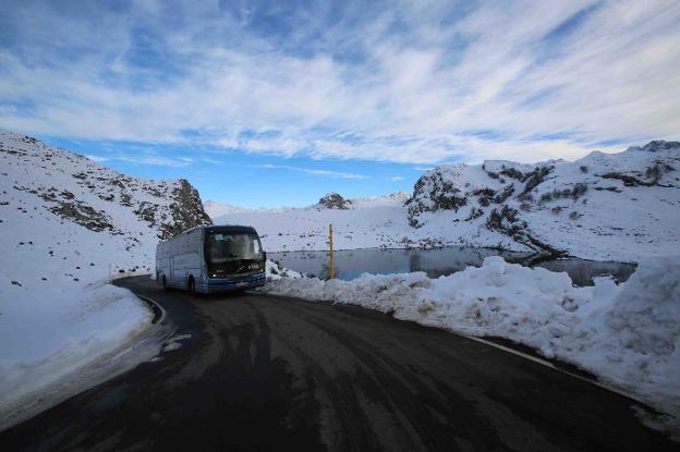 Un autobús transita por la carretera que une el Santuario de Covadonga con los Lagos, durante el puente de diciembre. 