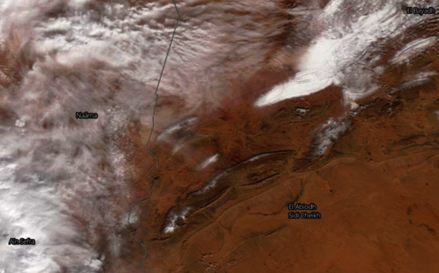 Imagen de satélite que muestra nubosidad al este de Ain Sefra el día 7 de enero