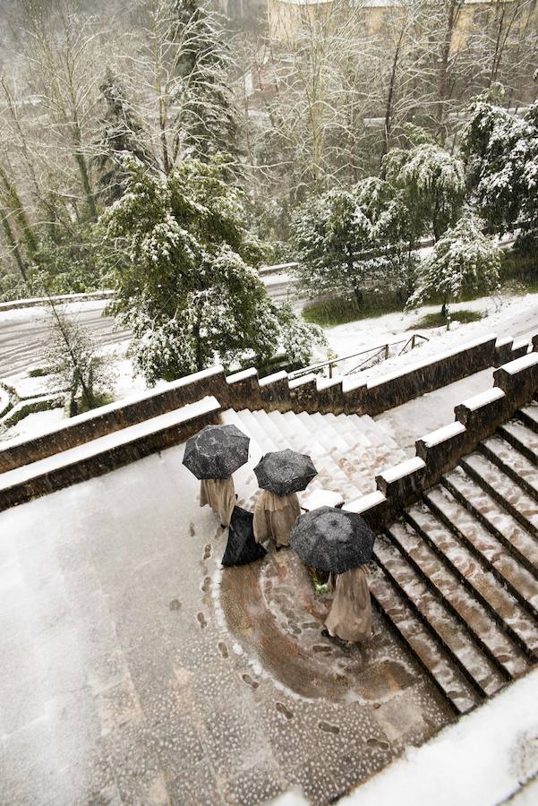 El Real Sitio de Covadonga luce una imagen totalmente invernal. Un manto blanco cubre todo el entorno dejando estas imágenes