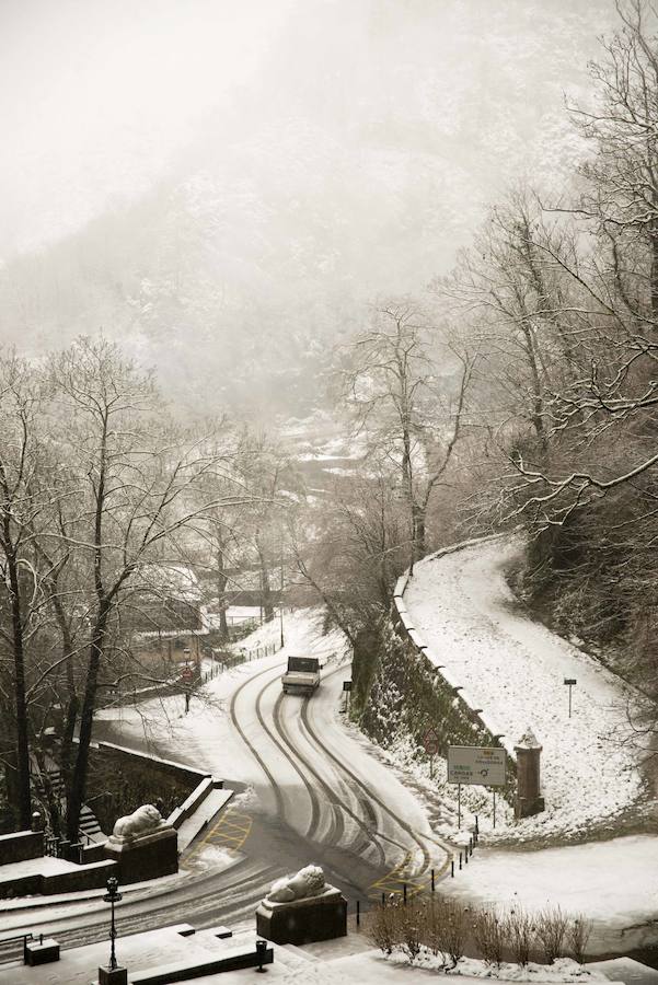 El Real Sitio de Covadonga luce una imagen totalmente invernal. Un manto blanco cubre todo el entorno dejando estas imágenes