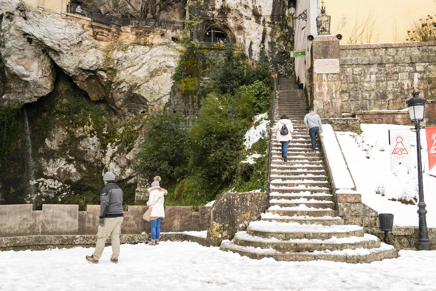 Las nevadas de los últimos días han llegado también hasta Covadonga que se ha cubierto de un manto blanco. Muchos turistas se han acercado hasta el Real Sitio para ver y fotografiar la estampa