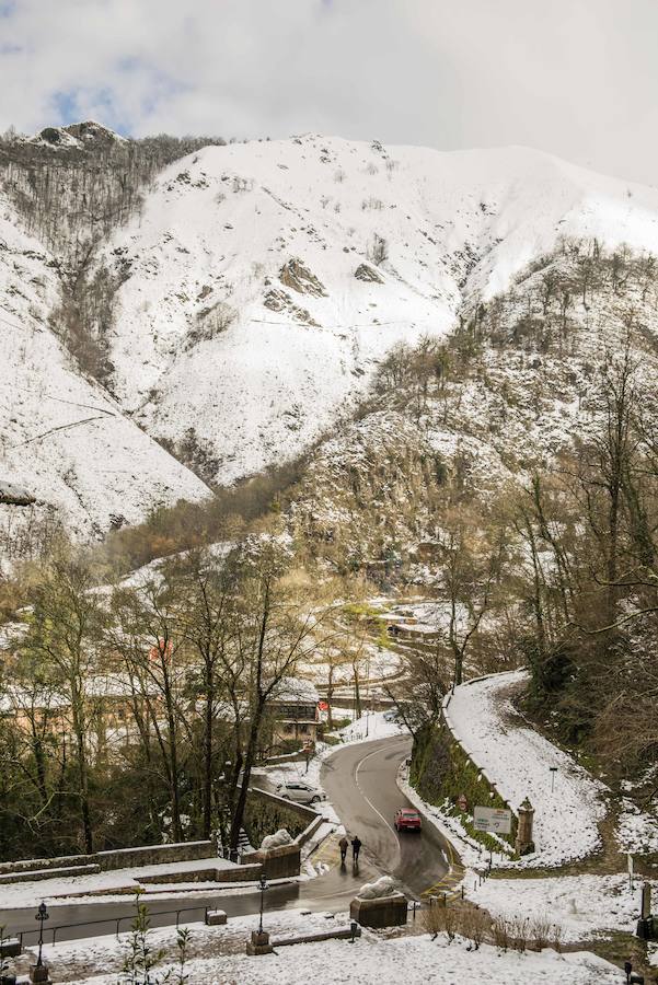 Las nevadas de los últimos días han llegado también hasta Covadonga que se ha cubierto de un manto blanco. Muchos turistas se han acercado hasta el Real Sitio para ver y fotografiar la estampa