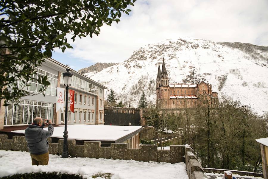 Las nevadas de los últimos días han llegado también hasta Covadonga que se ha cubierto de un manto blanco. Muchos turistas se han acercado hasta el Real Sitio para ver y fotografiar la estampa