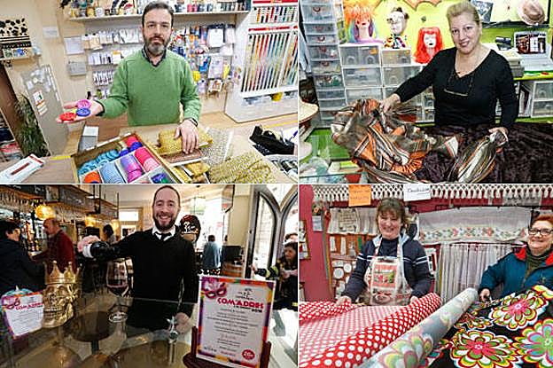 Arriba a la izquierda, Nuevo Jazmín. Los flecos y las plumas, son los accesorios más vendidos. A la derecha, Vestuario Yolanda González. Venden incluso dientes de atrezo. Abajo a la izquierda, Que No Te Lo Cuenten. Sushi de chosco de Tineo, para Comadres. A la derecha, Telas al Peso. Las telas más vendidas son las de forro polar.