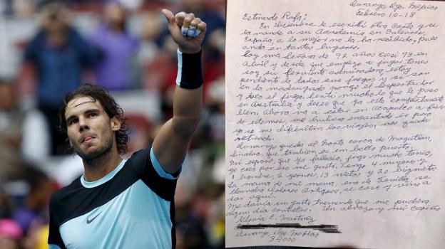 Sobre estas líneas, la carta que emocionó al tenista manacorí. A la izquierda, su autora, Gloria C. Martínez. 