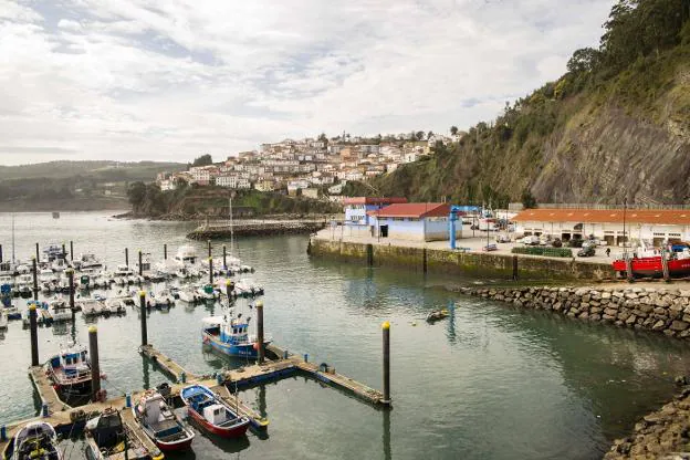 Vista de las embarcaciones de recreo y los barcos pesqueros amarrados en el puerto de Lastres, con el pueblo al fondo . 