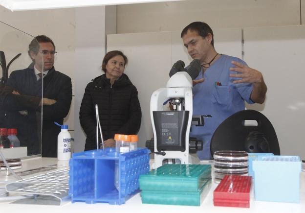 Couto y Moriyón escuchan las explicaciones del biológo Alejandro Vázquez en el nuevo laboratorio de la Cooperativa de Agricultores.