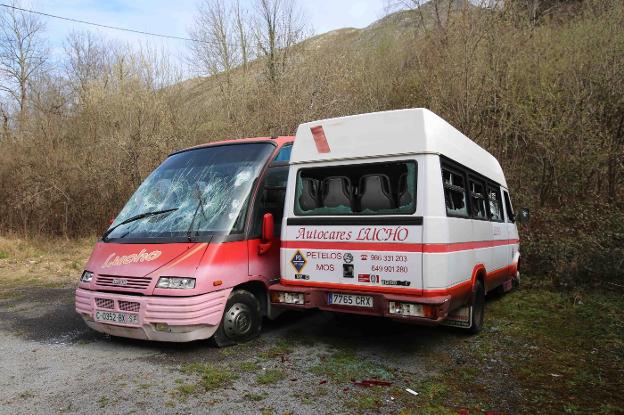 Autobuses con las lunas destrozadas en Muñigo. :: NEL ACEBAL