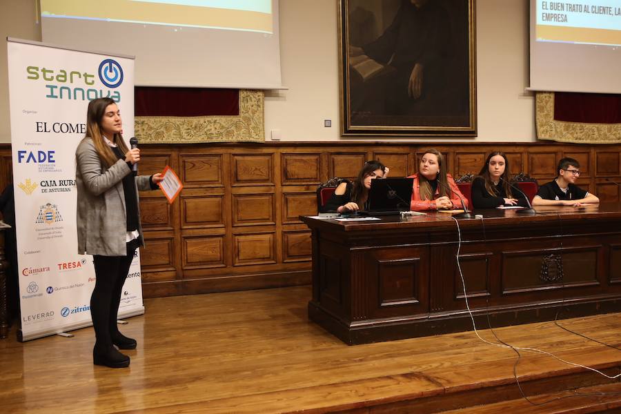 Medio centenar de estudiantes asturianos se han clasificado para la gran final de STARTinnova, el programa de fomento de la cultura emprendedora que promueve EL COMERCIO. Organizados en cinco equipos, han presentado sus proyectos ante un jurado de expertos en el Aula Magna del Edificio Histórico de la Universidad de Oviedo.